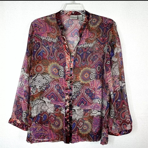 Chicos 100% Silk Paisley Blouse Sz  (S-M) Sheer Button Up Long Flare Sleeve Y2k - Picture 1 of 10